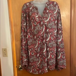 LOFT Paisley Long Sleeve Blouse with V Neck and Mandarin Collar